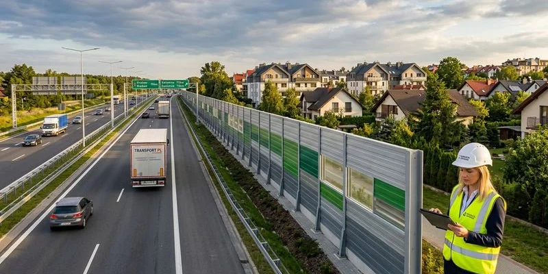 Ekrany akustyczne wzdłuż drogi ekspresowej chroniące zabudowę mieszkalną przed hałasem komunikacyjnym