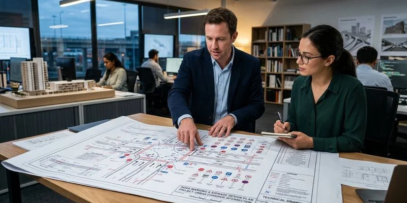 Inspekcja bezpieczeństwa drogi w terenie z zespołem audytorów analizującym geometrię i oznakowanie