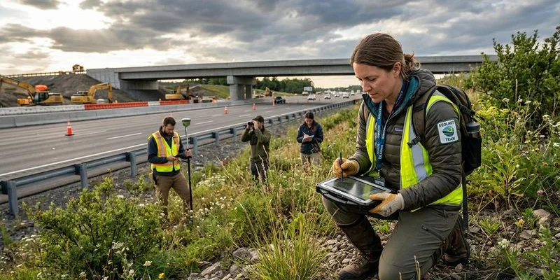 Inwentaryzacja przyrodnicza w terenie przed budową drogi z zespołem ekologów i sprzętem pomiarowym