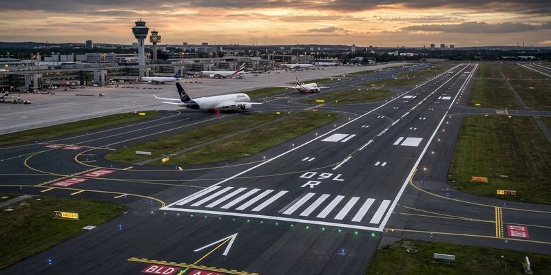 Płyta postojowa lotniska z oznaczonymi stanowiskami dla samolotów i infrastrukturą obsługową