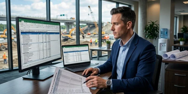 Specjalista kosztorysowania analizujący ceny rynkowe materiałów budowlanych przy komputerze