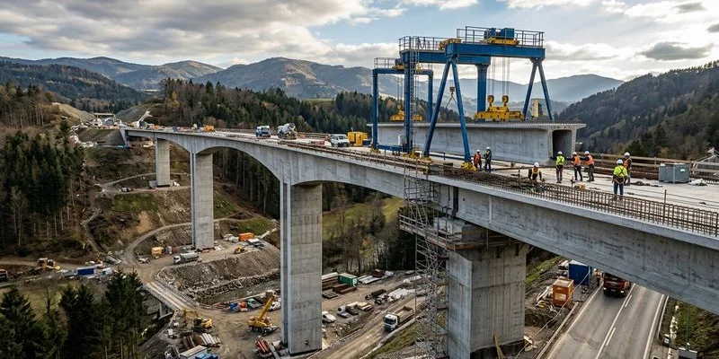 Wiadukt drogowy nad doliną z filarami żelbetowymi i belkami sprężonymi w trakcie budowy